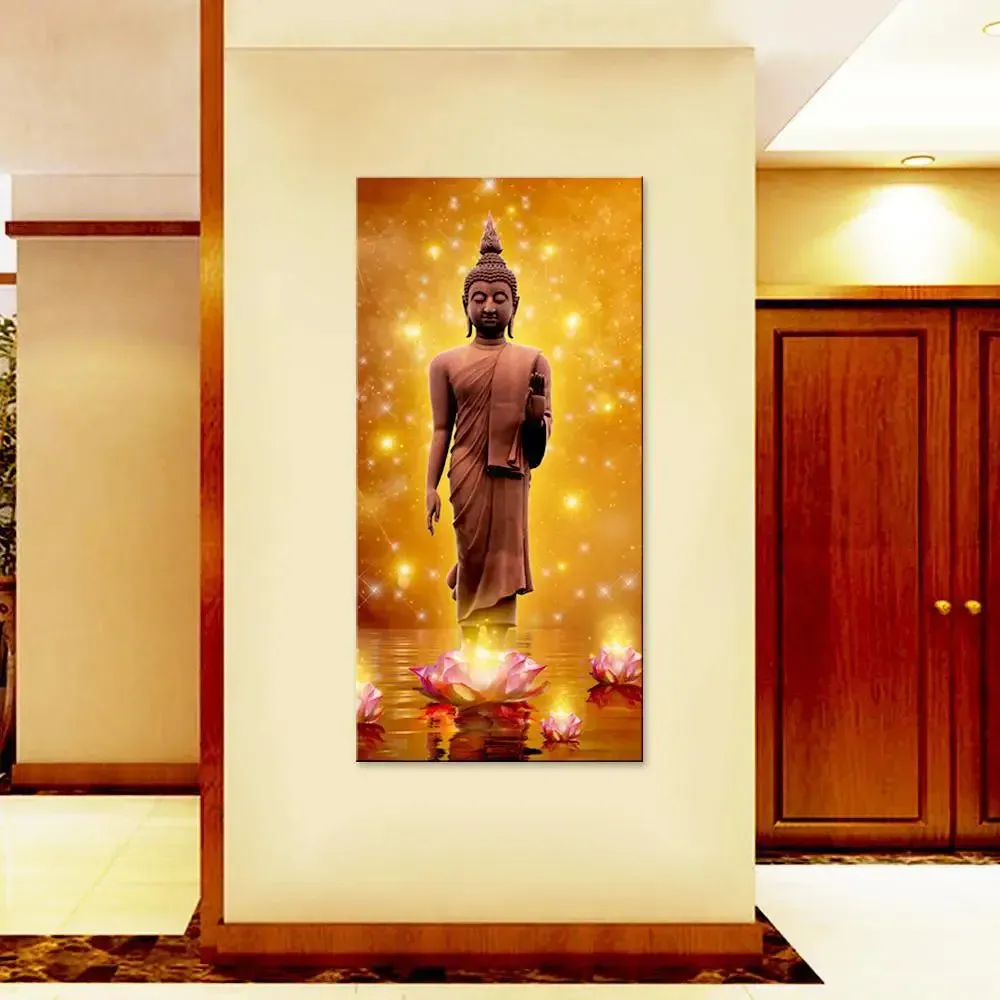 Buddha Statue Canvas Painting With Flowers – Spiritual Wall Art